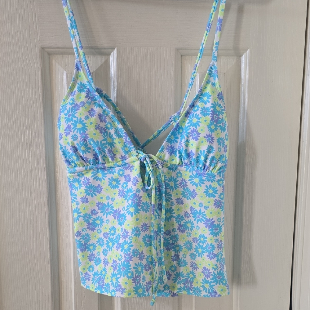 DECREE BRAND WOMEN'S BLUE AND GREEN DAISY BATHING SUIT TOP TANKINI SIZE MEDIUM